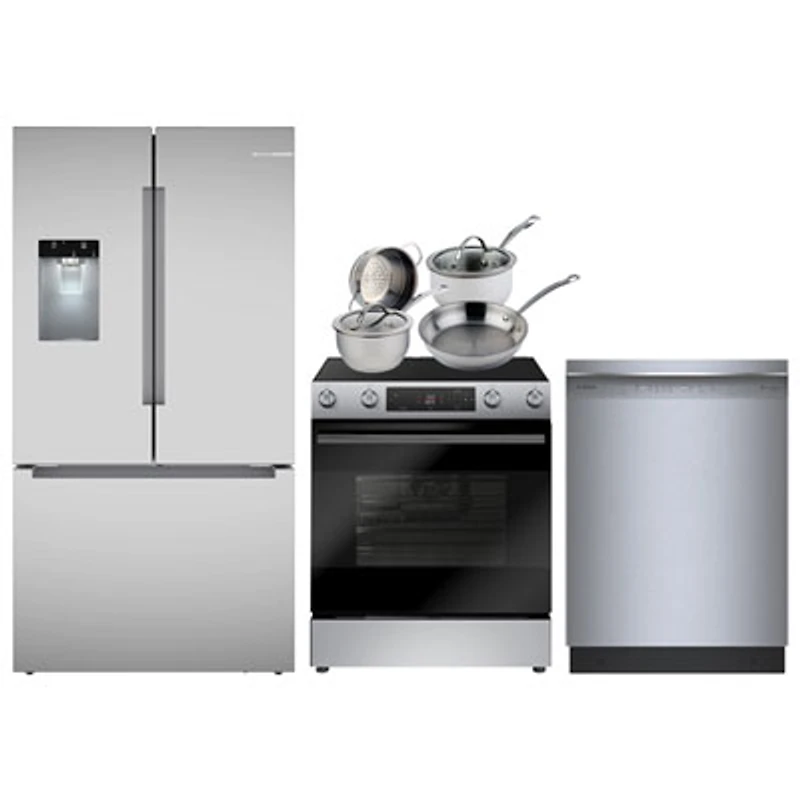Bosch 36" 26 Cu. Ft. French Door Refrigerator; Electric Air Fry Range; Dishwasher; Cookware Set - Stainless Steel