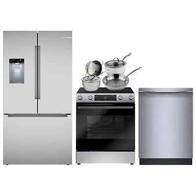 Bosch 36" 26 Cu. Ft. French Door Refrigerator; Electric Air Fry Range; Dishwasher; Cookware Set - Stainless Steel