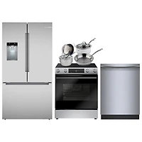 Bosch 36" 26 Cu. Ft. French Door Refrigerator; Electric Air Fry Range; Dishwasher; Cookware Set - Stainless Steel
