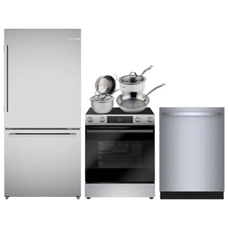 Bosch 32" 17.2 Cu. Ft. Bottom Freezer Refrigerator; Electric Air Fry Range; Dishwasher; Cookware Set - Stainless Steel