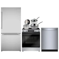 Bosch 32" 17.2 Cu. Ft. Bottom Freezer Refrigerator; Electric Air Fry Range; Dishwasher; Cookware Set - Stainless Steel