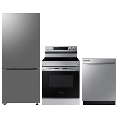 Samsung 28" 15 Cu. Ft. Bottom Freezer Refrigerator; Electric Range; Dishwasher - Stainless Steel