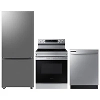 Samsung 28" 15 Cu. Ft. Bottom Freezer Refrigerator; Electric Range; Dishwasher - Stainless Steel
