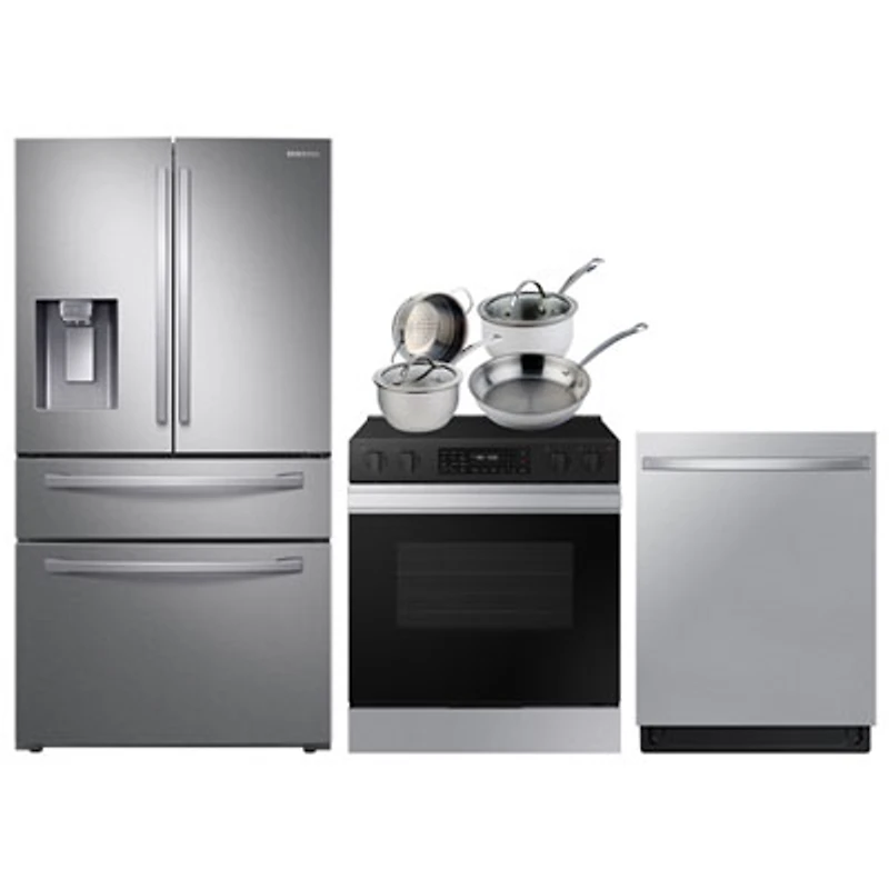 Samsung 36" 28 Cu. Ft. French Door Refrigerator; Electric Range; Dishwasher; Cookware Set - Stainless Steel