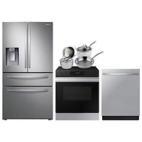 Samsung 36" 28 Cu. Ft. French Door Refrigerator; Electric Range; Dishwasher; Cookware Set - Stainless Steel