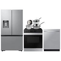 Samsung 36" 25.5 Cu Ft French Door Refrigerator; Electric Range; Dishwasher; Cookware Set - Stainless Steel