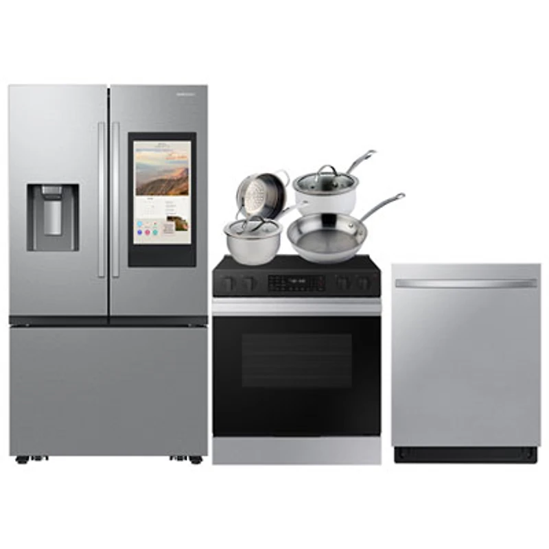 Samsung 36" 25.5 Cu Ft French Door SpaceMax Refrigerator; Electric Range; Dishwasher; Cookware Set - Stainless Steel