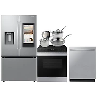 Samsung 36" 25.5 Cu Ft French Door SpaceMax Refrigerator; Electric Range; Dishwasher; Cookware Set - Stainless Steel