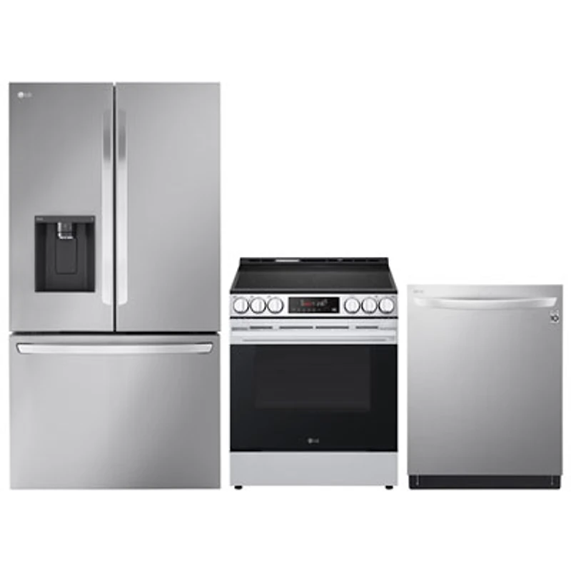 LG 36" 25.5 Cu. Ft. Counter Depth MAX French Door Refrigerator; Electric Air Fry Range; Dishwasher - Stainless Steel