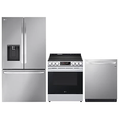 LG 36" 25.5 Cu. Ft. Counter Depth MAX French Door Refrigerator; Electric Air Fry Range; Dishwasher - Stainless Steel
