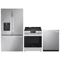 LG 36" 25.5 Cu. Ft. Counter Depth MAX French Door Refrigerator; Electric Air Fry Range; Dishwasher - Stainless Steel