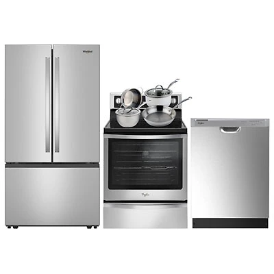Whirlpool 36" 30.52 Cu Ft French Door Refrigerator; 6.4 Cu.Ft. Electric Range; Dishwasher; Cookware Set -Stainless Steel