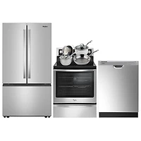 Whirlpool 36" 30.52 Cu Ft French Door Refrigerator; 6.4 Cu.Ft. Electric Range; Dishwasher; Cookware Set -Stainless Steel