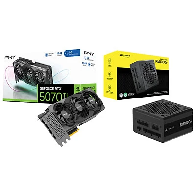 PNY GeForce RTX 5070 Ti OC Triple Fan 16GB GDDR7 Video Card with 1000-Watt ATX Modular Power Supply