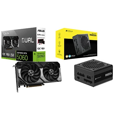 ASUS Dual GeForce RTX 5060 OC 8GB GDDR7 Video Card with 850-Watt ATX Modular Power Supply