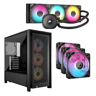 Corsair Nautilus 360 RS ARGB Liquid CPU Cooling System w/ Mid-Tower ATX Computer Case & 3-Pack 120mm PWM Case Fans -Black