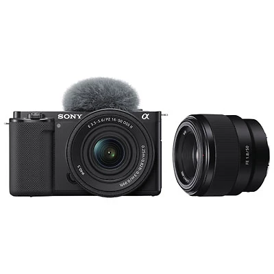 Sony Alpha ZV-E10KB APS-C Interchangeable Lens Mirrorless Vlog Camera w/ 16-50mm Kit & FE 50mm f/1.8 Portrait Prime Lens