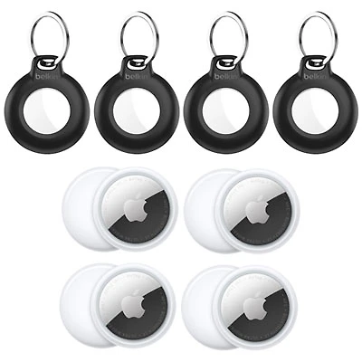 Apple AirTag (2nd generation) Bluetooth Item Tracker & Belkin Waterproof Secure Holder with Key Ring - 4 Pack - White/Black