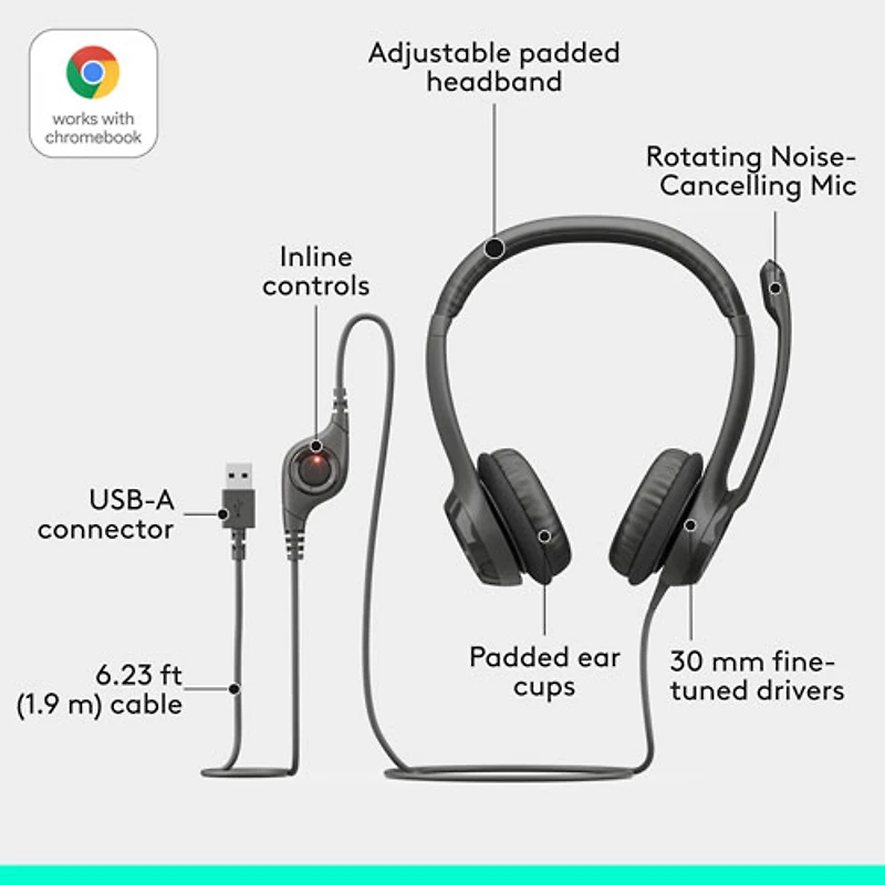 Logitech H390 Wired Headset with Noise Cancelling Microphone - Black