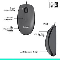 Logitech M100 Wired Optical Ambidextrous Mouse for PC - Charcoal
