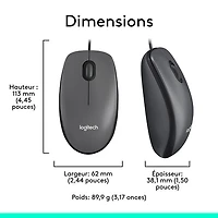 Logitech M100 Wired Optical Ambidextrous Mouse for PC - Charcoal