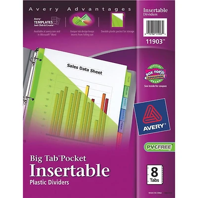 Avery Big Tab Pocket Insertable Plastic Tab Dividers (AVE11903) - 8 Tabs - Assorted Colours