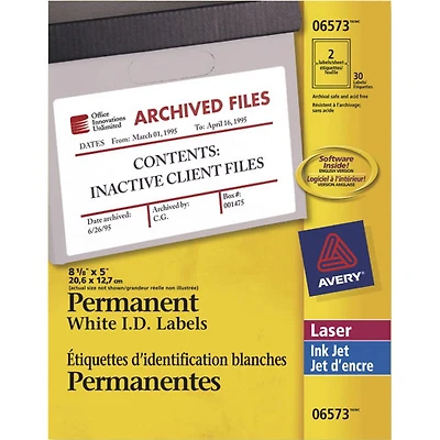 Étiquettes permanentes de 8 1/8 x 5 po d'Avery (AVE06573) - Paquet de 30 - Blanc