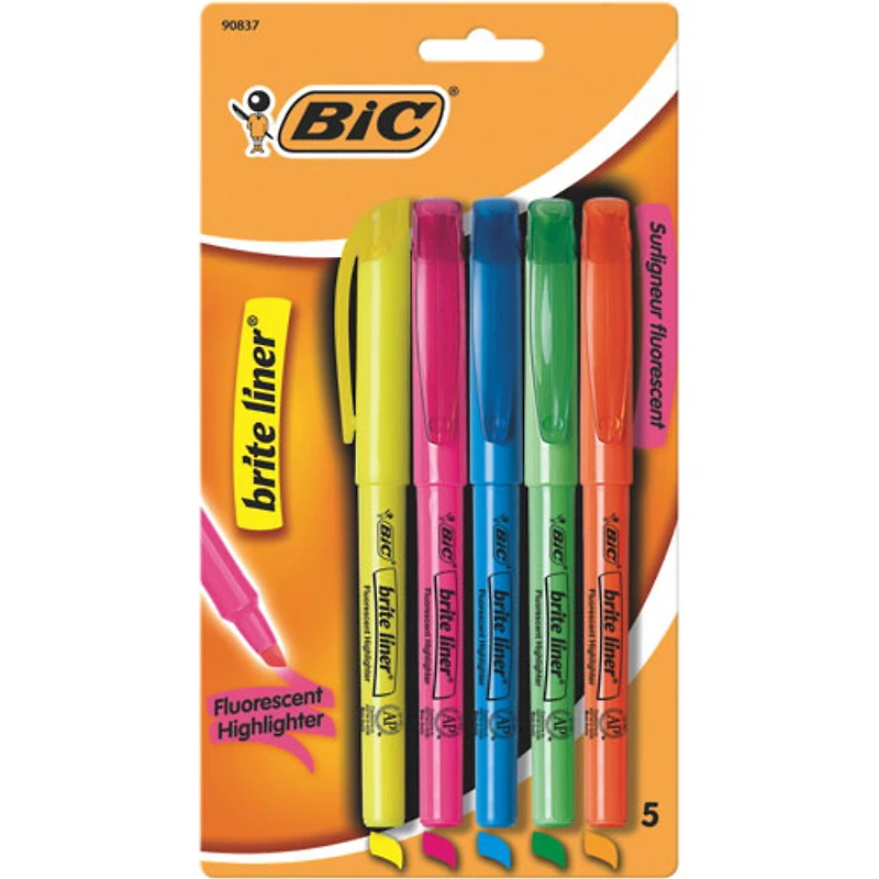 Surligneur Brite Liner de BIC (BLP51-AST) - Paquet de 5 - Plusieurs couleurs