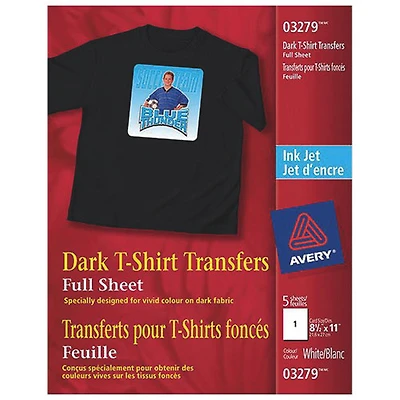 Transferts jet d'encre 8,5 po x 11 po d'Avery pour t-shirts foncés - Paquet de 5 - Blanc