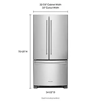 Réfrigérateur à 2 portes de 22,1 pi3 et 33 po avec distributeur interne d'eau de KitchenAid - Inox