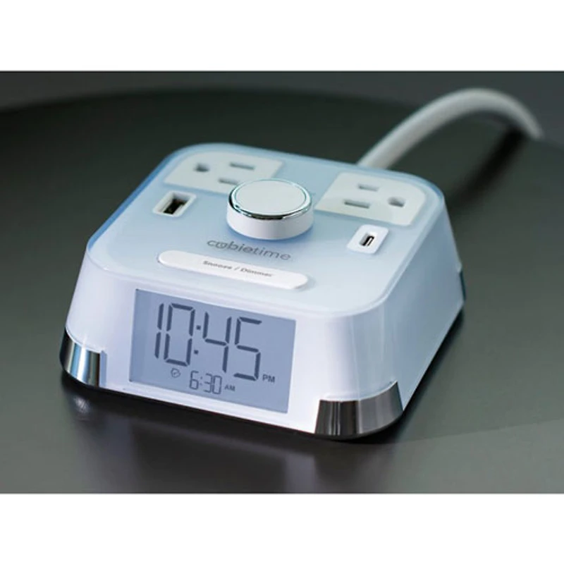 Brandstand CubieTime Alarm Clock with 2 Outlets & USB-A/USB-C Ports - White