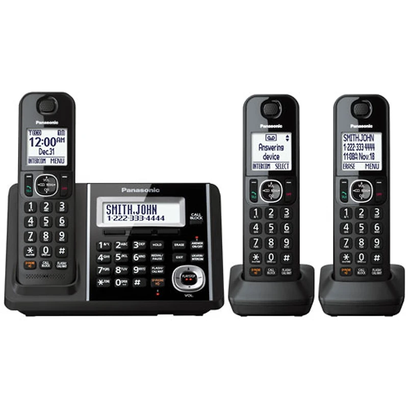 Panasonic 3-Handset DECT 6.0 Cordless Phone with Answering Machine (KXTGF343B)