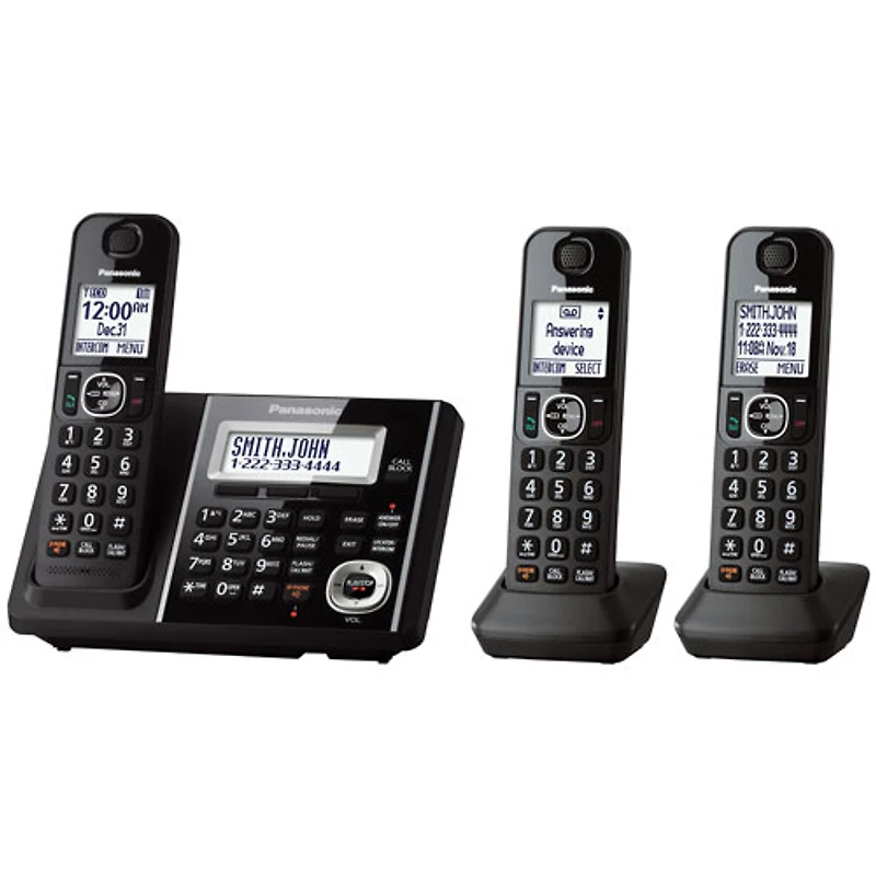 Panasonic 3-Handset DECT 6.0 Cordless Phone with Answering Machine (KXTGF343B)