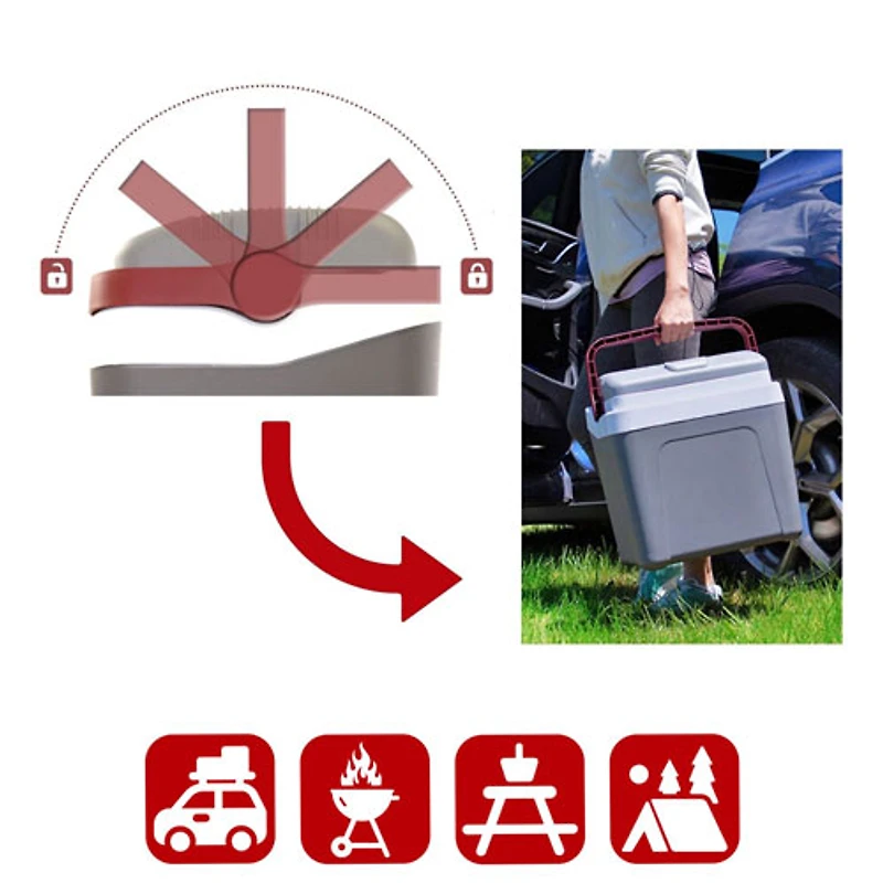 Glacière électrique à poignée autoverrouillable 12 V 24 L (26 pte) de Koolatron - Gris/Rouge