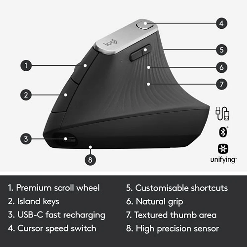 Souris optique sans fil ergonomique MX Vertical de Logitech - Noir