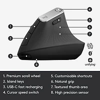 Souris optique sans fil ergonomique MX Vertical de Logitech - Noir