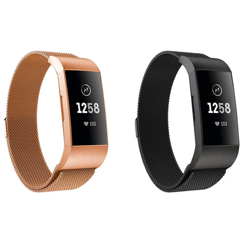 StrapsCo Stainless Steel Strap for Fitbit Charge 3 & 4 - Black/Rose Gold - 2 Pack