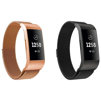 StrapsCo Stainless Steel Strap for Fitbit Charge 3 & 4 - Black/Rose Gold - 2 Pack