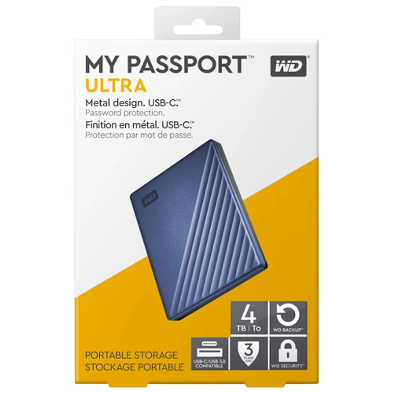 Disque dur externe portatif USB-C My Passport Ultra de 4 To de WD (WDBFTM0040BBL-WESN) - Bleu