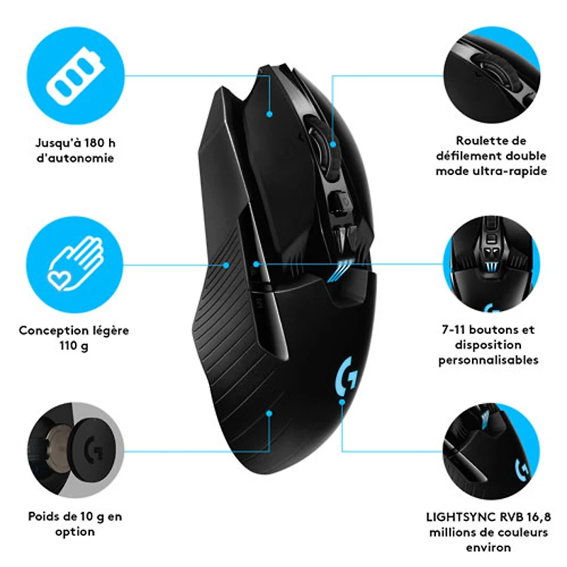 Souris de jeu optique sans fil de 25600 ppp G903 HERO de Logitech - Noir