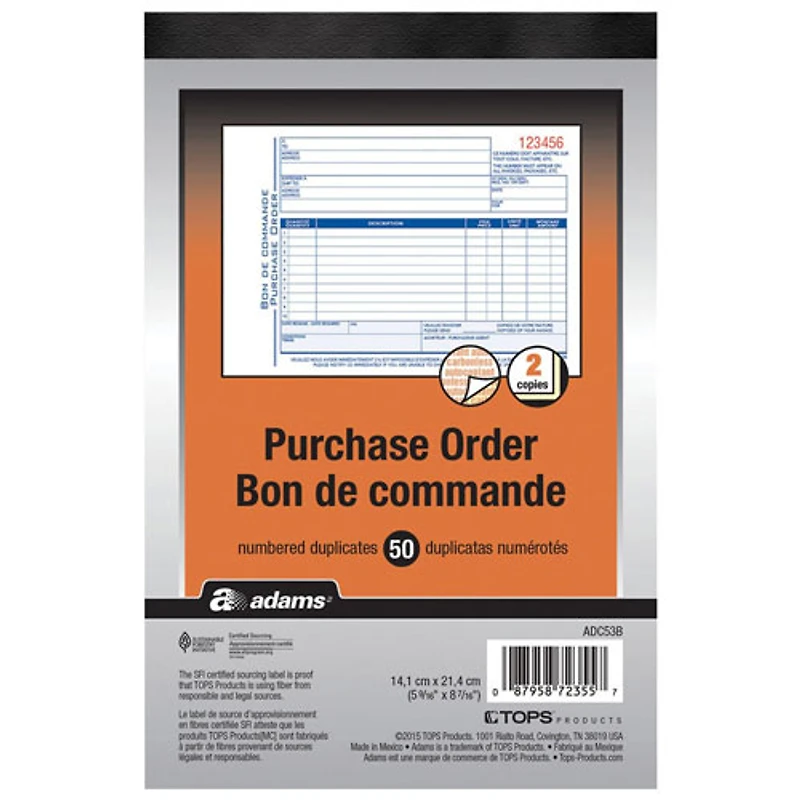 Formulaire de bon de commande Adams - 50 feuilles - 2 parties - Format 8,43 x 5,56 po