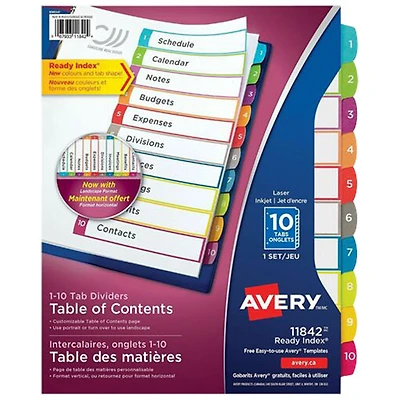 Intercalaires personnalisables Ready Index d'Avery (11842) - 10 onglets