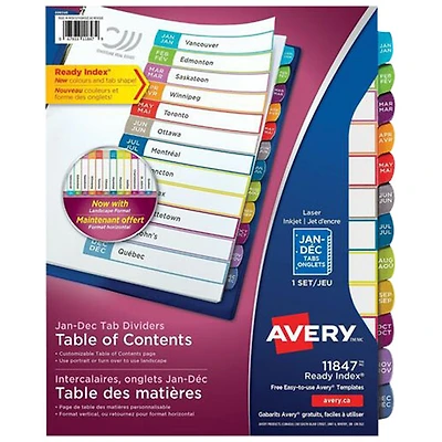 Intercalaires personnalisables Ready Index d'Avery (11847) - 12 onglets
