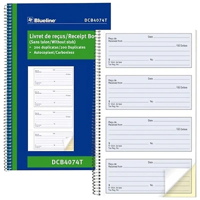 Blueline 6 3/4" x 11" Bilingual Spiral Bound Receipt Book - 200 Sheets - Blue