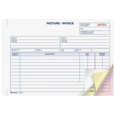 Blueline 8" x 5 3/8" Bilingual Invoice Book - 50 Sheet(s) - Blue Cover - 1 Each