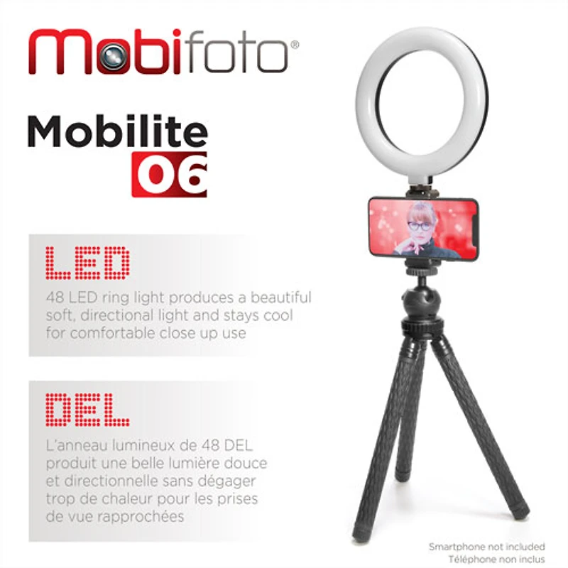 Ensemble VLOG avec anneau lumineux DEL de 6 po de Mobifoto (MOBIRL06)