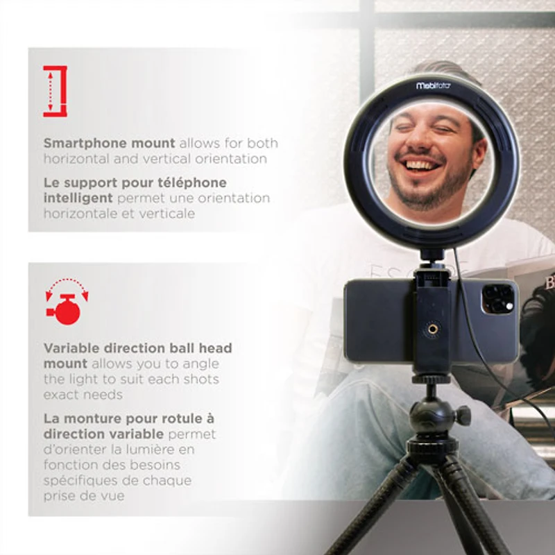 Ensemble VLOG avec anneau lumineux DEL de 6 po de Mobifoto (MOBIRL06)