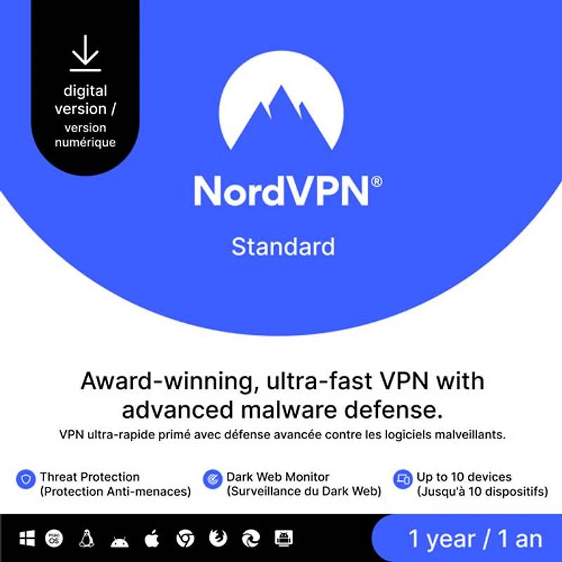 NordVPN Standard (PC/Mac) - 10 appareils - 1 ans - Téléchargement numérique