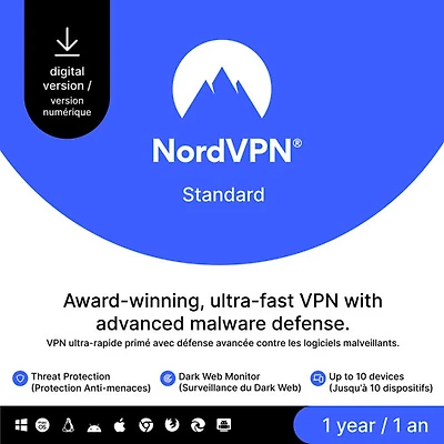 NordVPN Standard (PC/Mac) - 10 appareils - 1 ans - Téléchargement numérique