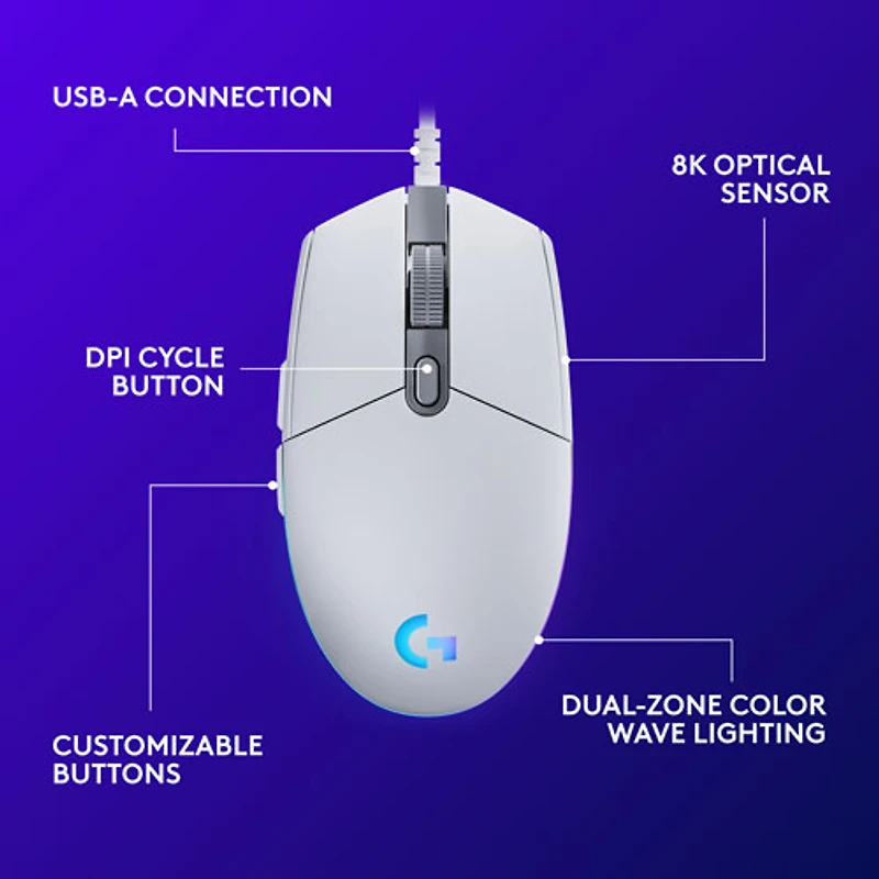 Souris de jeu optique de 8000 ppp G203 LIGHTSYNC de Logitech - Blanc